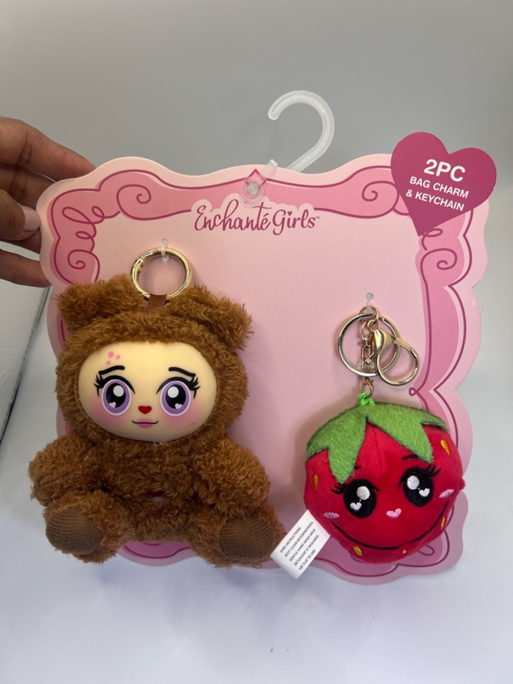 Enchanté Girls Brown Bear Plush Keychain with Red Strawberry Charm